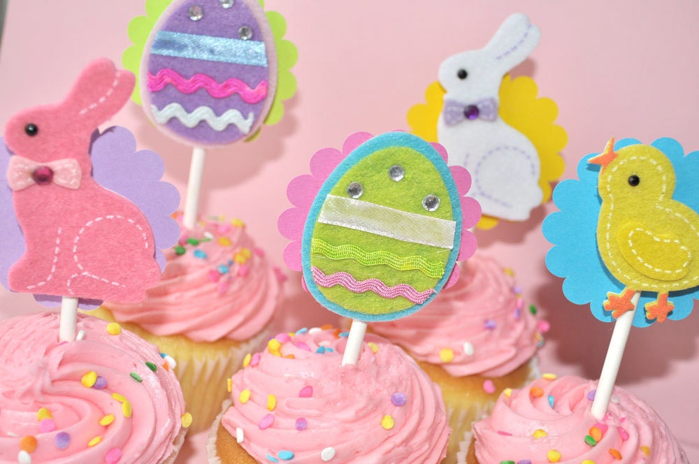 12 Easter Cupcake Toppers - Spring Birthday Party - Bunny and Easter Eggs - Limited Edition