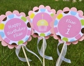 3 Centerpiece Sticks - Girls 1st Birthday Party - Personalized - Cupcakes and Polkadots - Birthday Decorations