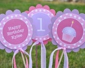 Girl's Birthday Party Decorations - 3 Table Centerpiece Sticks - Polkadots Pink, Lavender with Cupcakes
