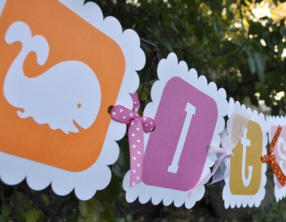 Whale Baby Shower Banner - Girls Baby Shower - Pink and Orange - Whale theme - It's a Girl Il_570xn