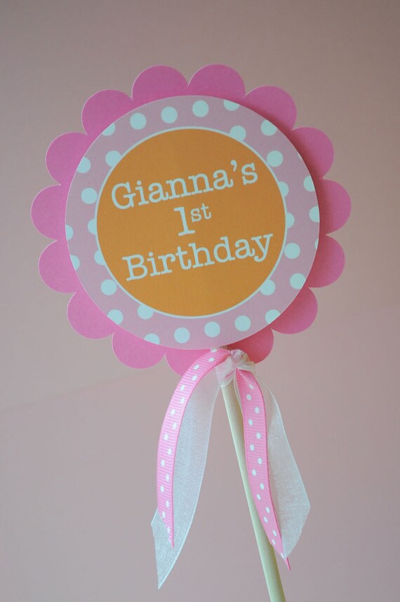 Birthday Cake Topper - Polkadots Orange, Pink and White - Girls 1st Birthday Party Decorations Il_570xn