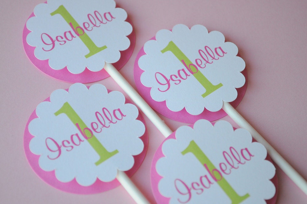 12 Cupcake Toppers - Girl's 1st Birthday Party Pink and Green - Personalized Il_570xn