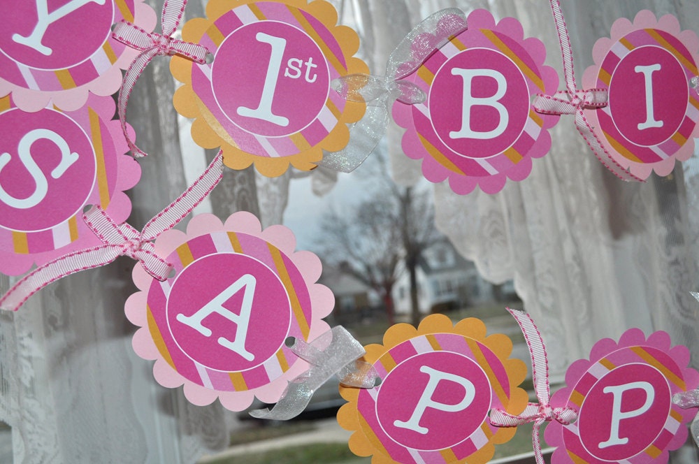 Girls 1st Birthday Banner - Pink and Orange Stripe Il_570xn