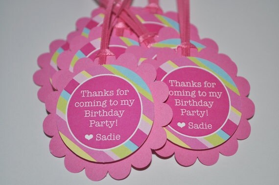 12 Birthday Party Favor Tags - Pink, Blue, Green and Yellow Stripe Il_570xn