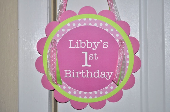 Birthday Party Door Sign - Pink, Lime Green and White Polkadots Il_570xn