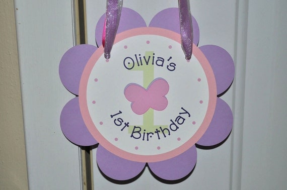 Girls 1st Birthday Door Sign - Flowers and Butterflies - Personalized Il_570xn