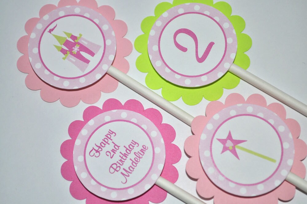 12 Princess Cupcake Toppers Birthday - Pink, Lime Green and White Polkadots Il_570xn