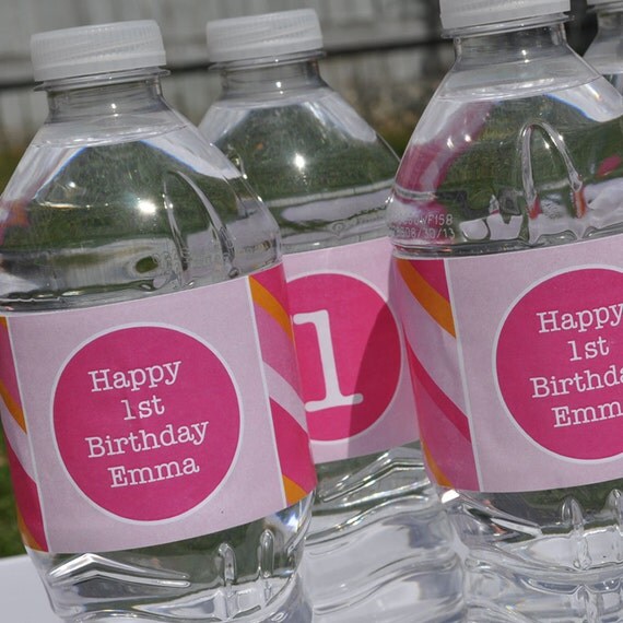10 Personalized Water Bottle Labels - Girls Birthday Party Decorations - Pink and Orange Stripe Il_570xn
