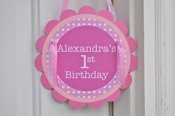 1st Birthday Party Door Sign - Polkadots Pink and White - Personalized with Name Il_570xn