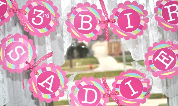 Girls Birthday Banner - Pink, Blue, Green and Yellow Stripe Il_570xn