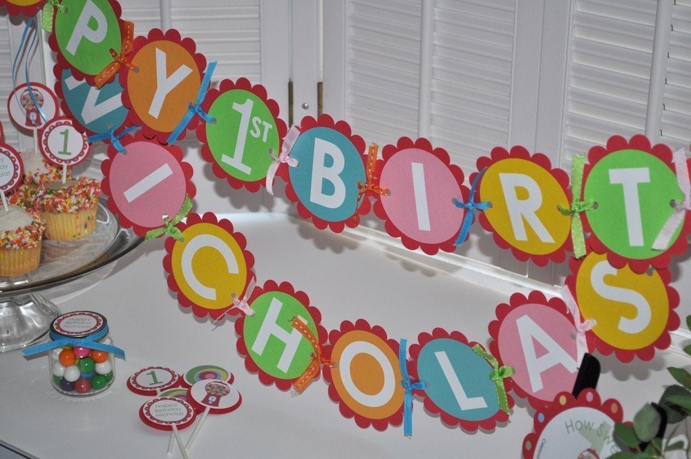 Happy 1st Birthday Banner - Colorful Bubblegum Theme - Birthday Party Decorations