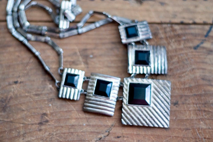 Antique Silver Necklace with Geometric Engraved Plates
