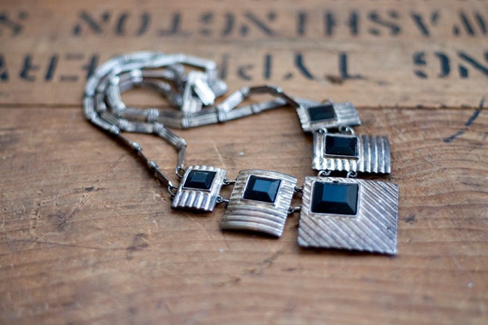 Antique Silver Necklace with Geometric Engraved Plates