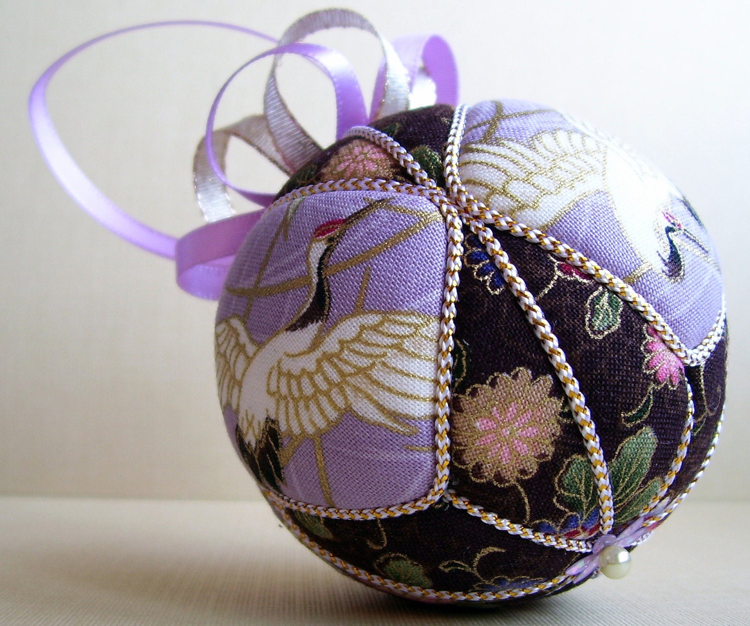 Cranes and Chrysanthemums Japanese Kimekomi Ornament