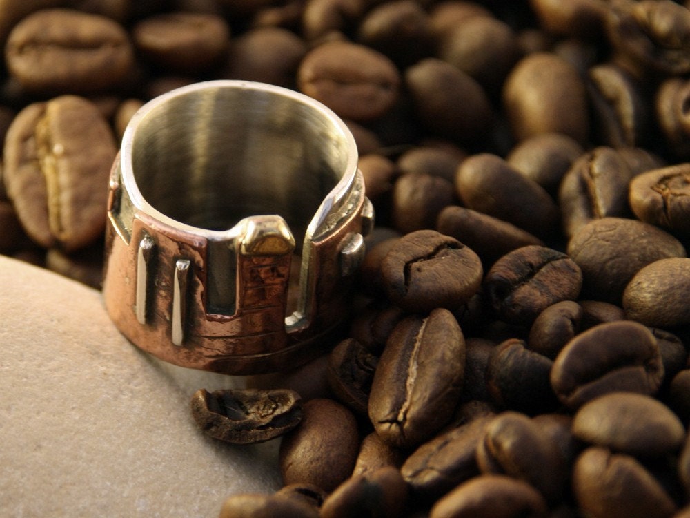 Jerusalem walls -ONE OF A KIND wedding band -14k gold, 925 sterling silver and copper