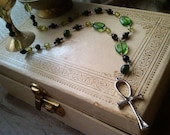 Mystic Green - Rosary Style Anhk Necklace in Greens and Blacks