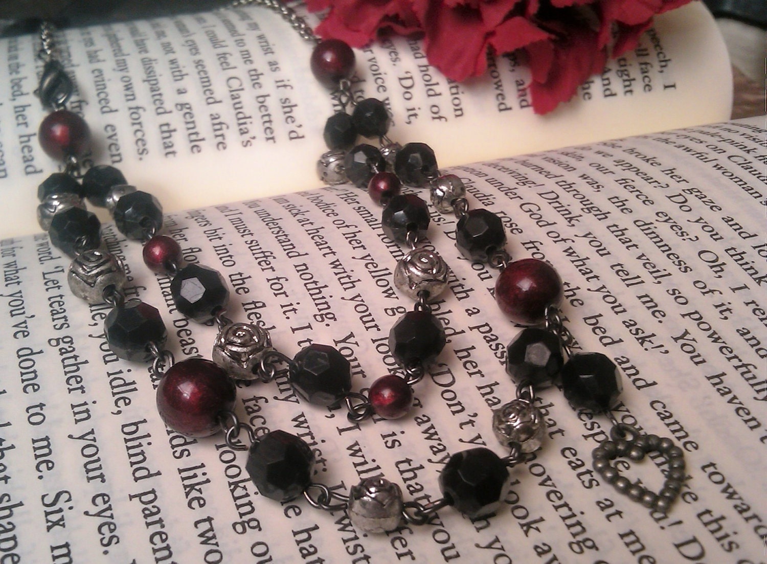 Asymmetrical Valentine Hearts and Roses Gunmetal Necklace