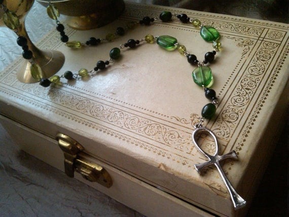 Mystic Green - Rosary Style Anhk Necklace in Greens and Blacks