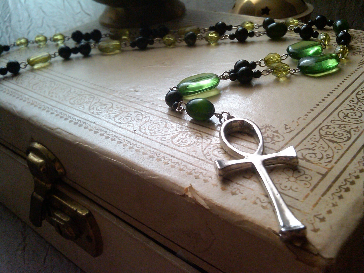 Mystic Green - Rosary Style Anhk Necklace in Greens and Blacks
