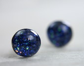 tiny globe earrings in deep blue galaxy - 5mm - sparkly round resin earrings