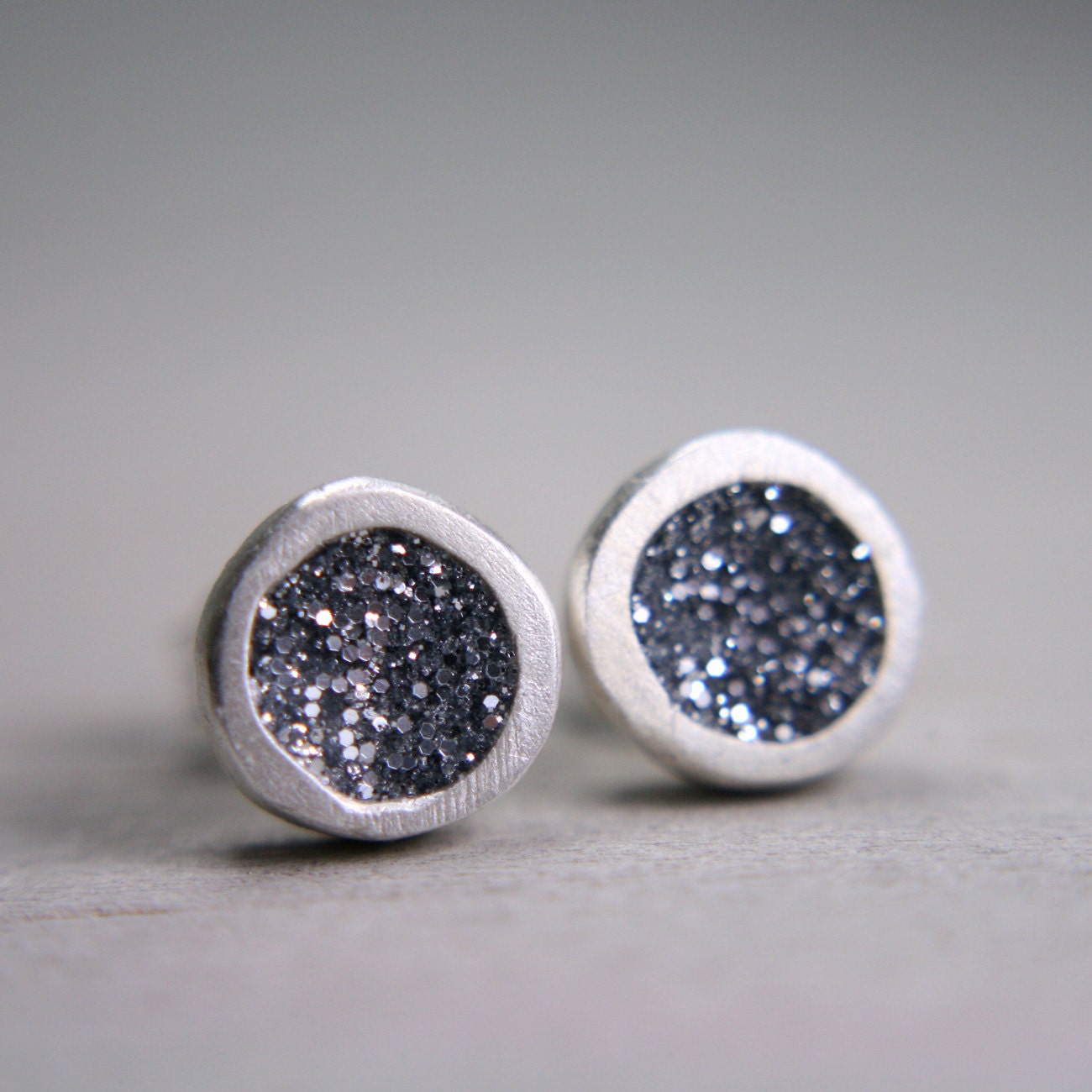 organic silver post earrings with silver sparkles - silver glitter stud earrings