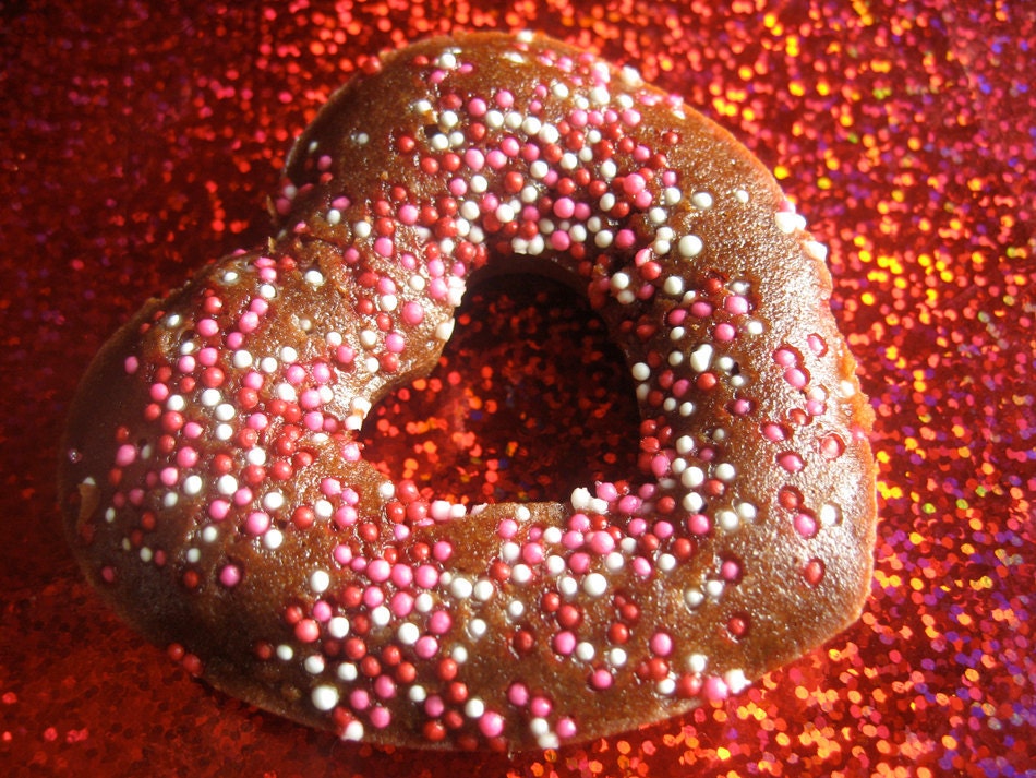 gluten-free vegan donut hearts, chocolate, topped with sprinkles, jimmies. 12 baked doughnuts, baked to order, soy free