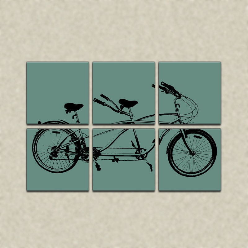 Tandem Bicycle Six Panel Canvas Giclee - Retro Teal and Black