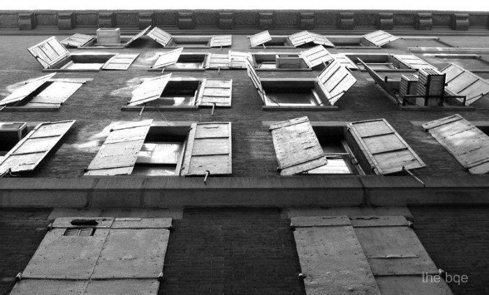 NYC Rustic Window Shutters 16x24 Photography Print, New York City Black and White Photo Art, Metallic Paper