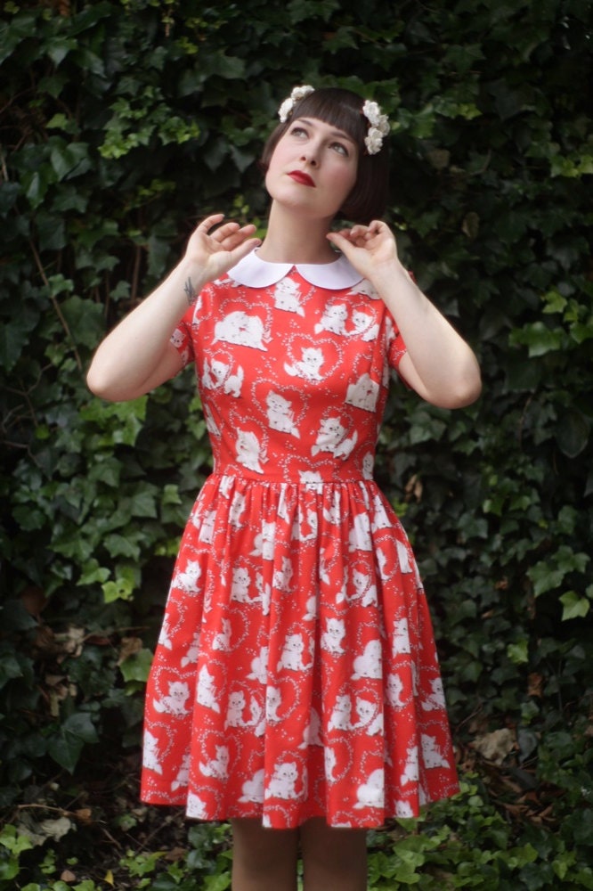 SALE - Kittens in Love dress with white peterpan collar size AU10