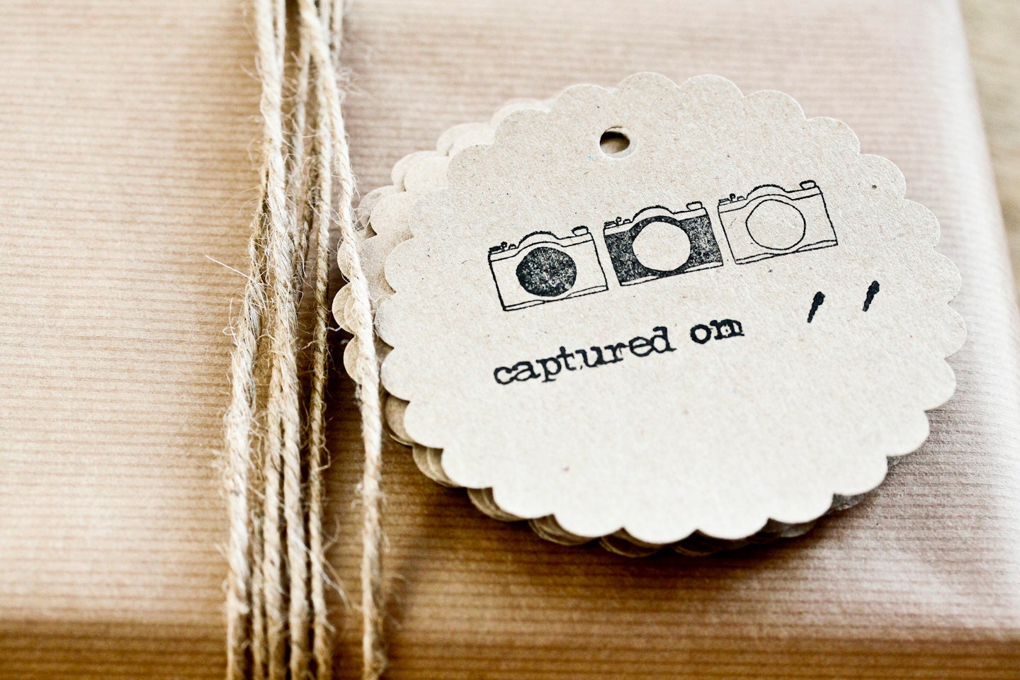 10 Vintage Camera Hand-Stamped Kraft Paper Tags with "Captured On" Detail