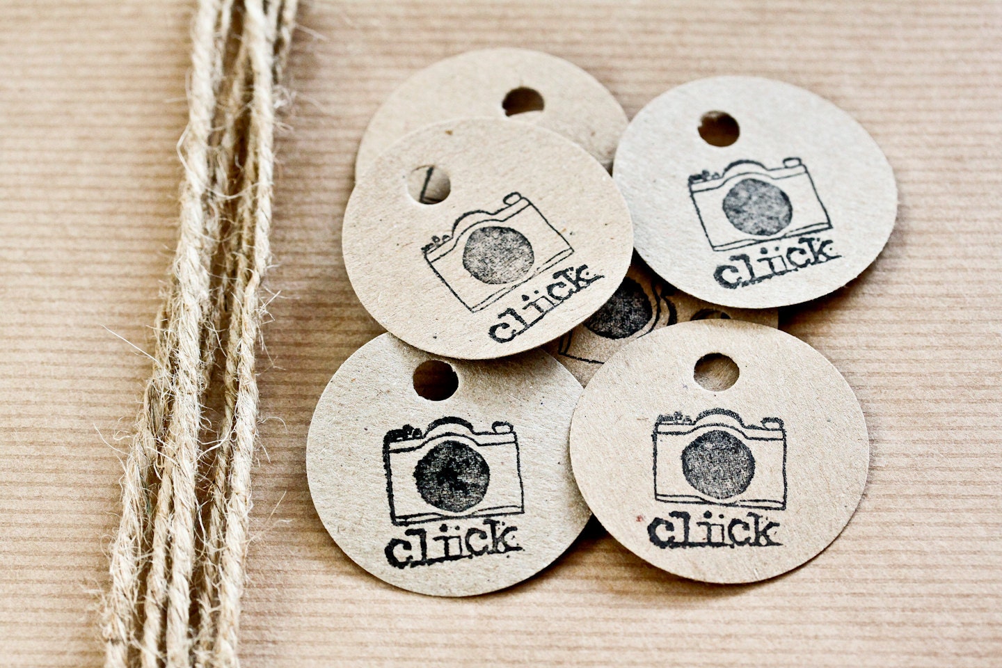 10 Vintage Camera Hand-Stamped Kraft Paper Tags with "Click" Detail