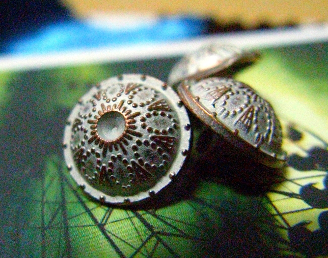 Mini Metal Buttons - Set 10 Meticulous Silver High Domed Relief Light Copper Floral Pattern Buttons.self shank. 0.43 inch