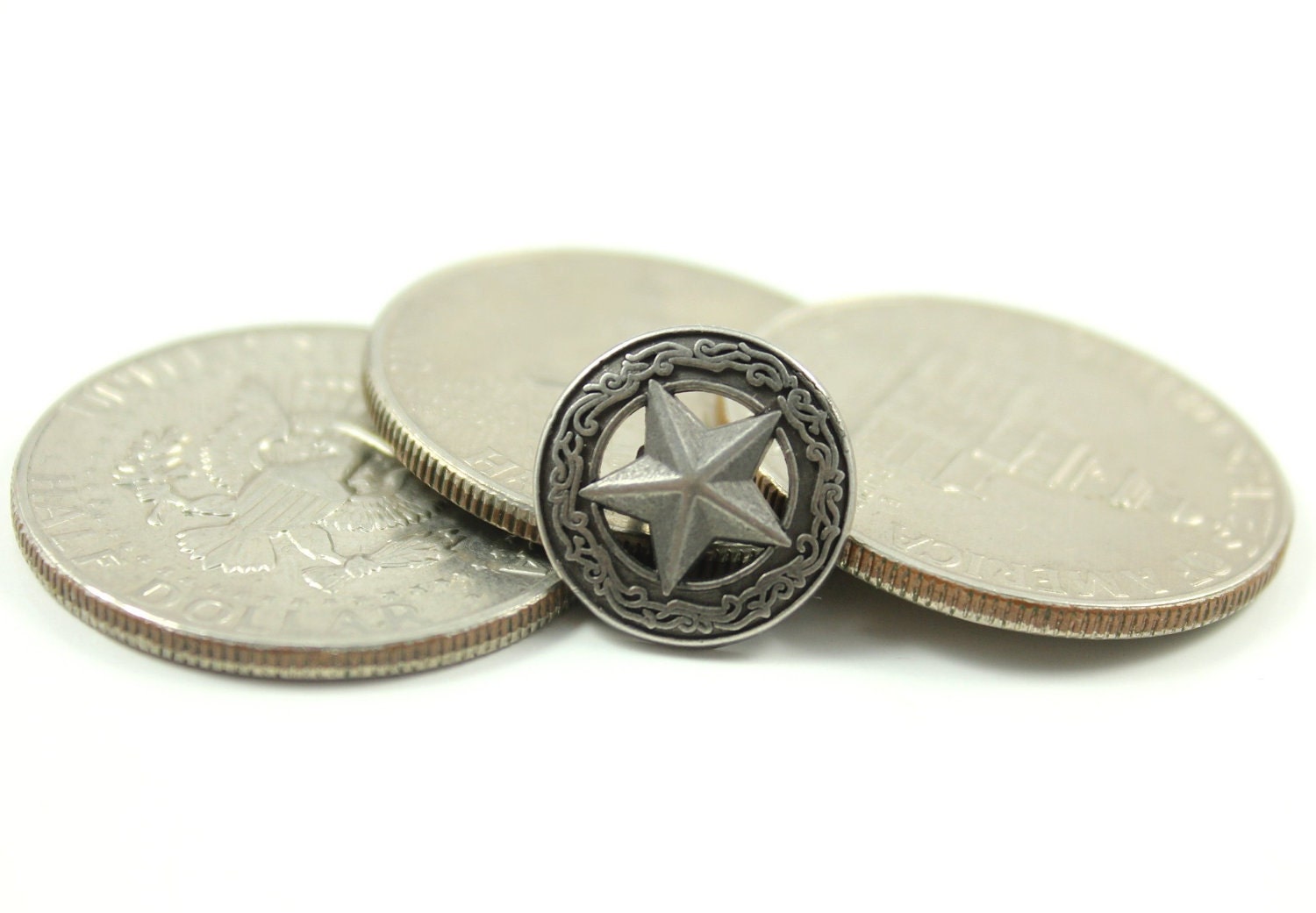 Star Metal Buttons - Retro Silver Emboss Star and Scrollwork Ring Double Hole Shank Metal Buttons. 0.59 inch. 10 in a set