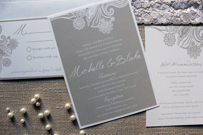 Hint of Lace Wedding Invitation Collection shown in white and mushroom gray - deposit-  as always, FREE shipping
