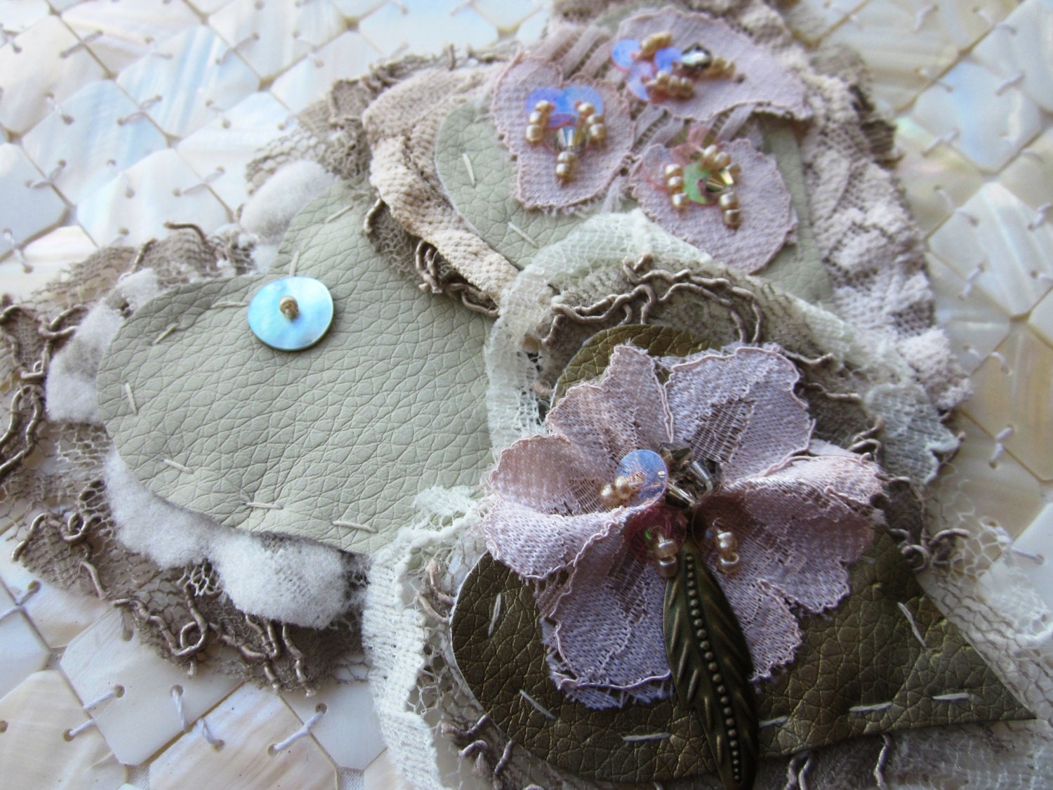 Pale Pink Hearts - Hand beaded embellishment