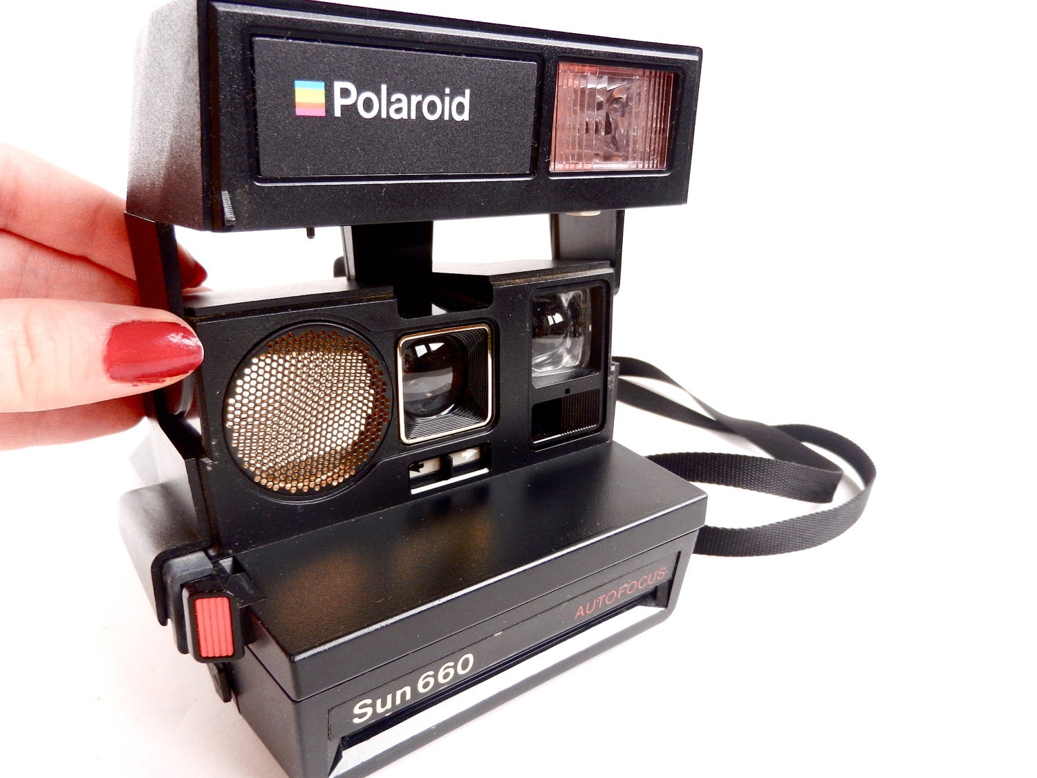 Vintage Polaroid Camera - Black Polaroid Sun 660 Autofocus/ Iconic Rainbow