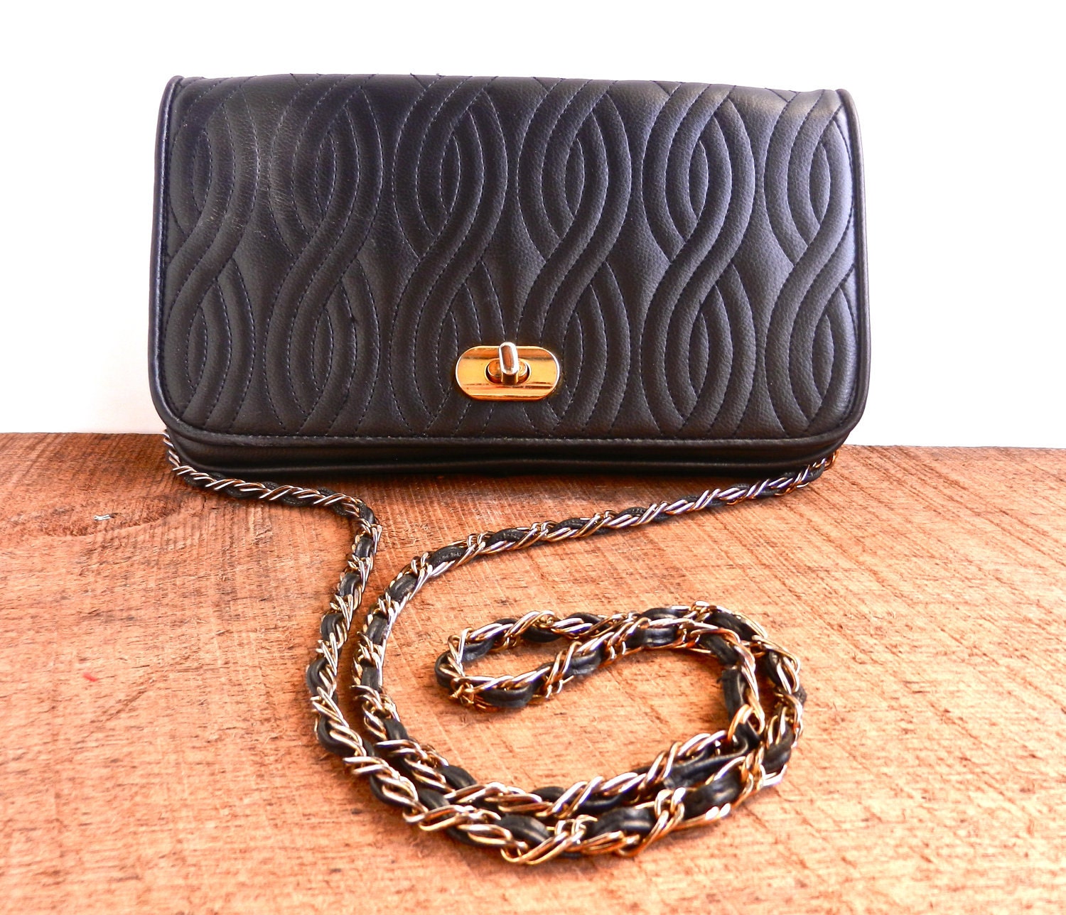 Vintage Black Leather Chain Purse - Genuine Leather Across Body ANDE Bag /Dark Swirls