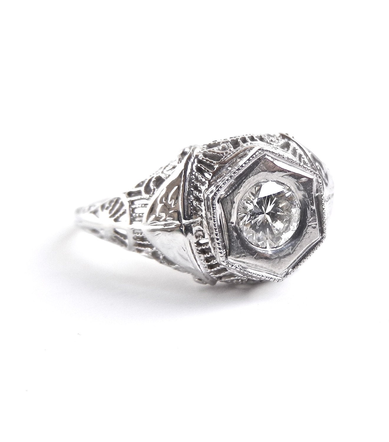 18K Art Deco Diamond Ring - Antique White Gold Size 7 Engagement Fine Jewelry / Wedding Ring