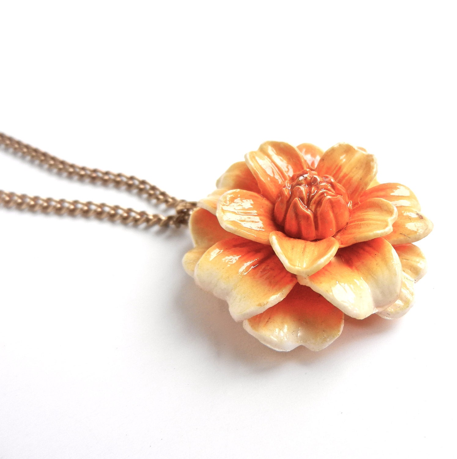 SALE - Vintage Orange Flower Necklace - Gold Tone Ceramic Costume Jewelry Makred Ges. Gesch / Bright Floral