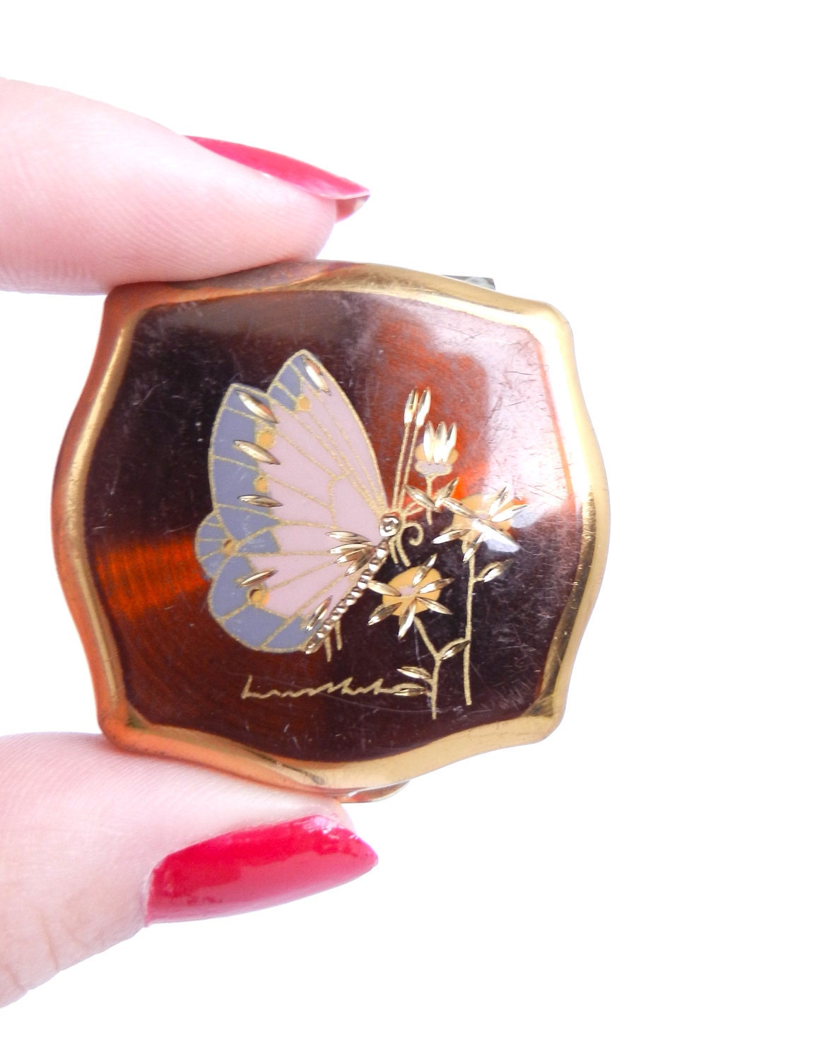 Vintage Pill Box - Butterfly Gold Tone Stratton England Container / Gilded Butterfly