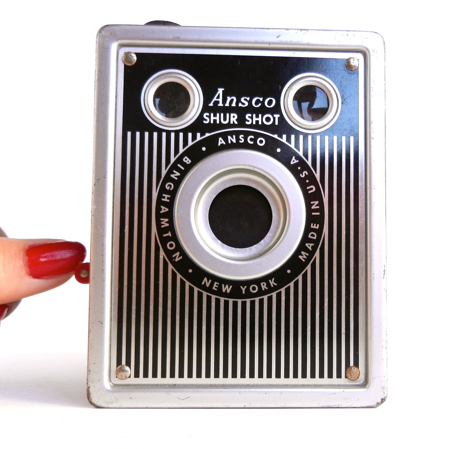 Ansco Shur Shot camera - Black Vintage Box Camera / 1940s Pinstriped