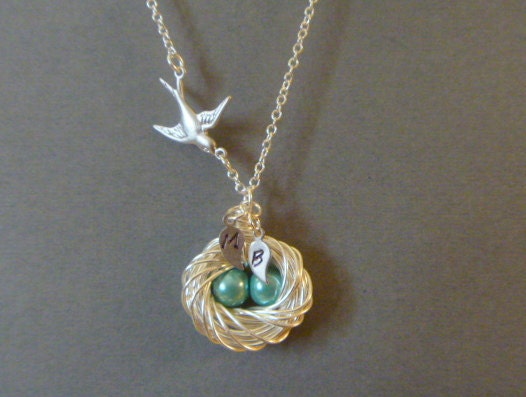 Mommy Bird and Egg Nest Necklace, 2 eggs, 2 initial leaf