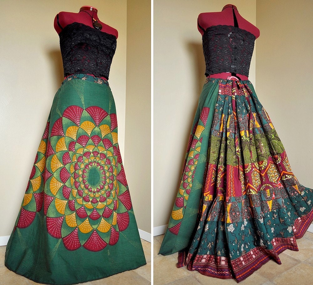 Green Grove Bloom - Long African Patchwork Skirt, Ethnic Dashiki Gypsy Skirt, Earthy Greens, Can fit sizes - S to XL