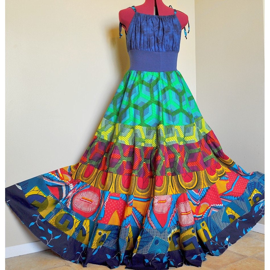 RESERVED for NM - Rain on the Plain - Long African Bohemian Gown, Ooak Tribal Maxi dress, Bright Ethnic Summer dress, Best for - M to XL