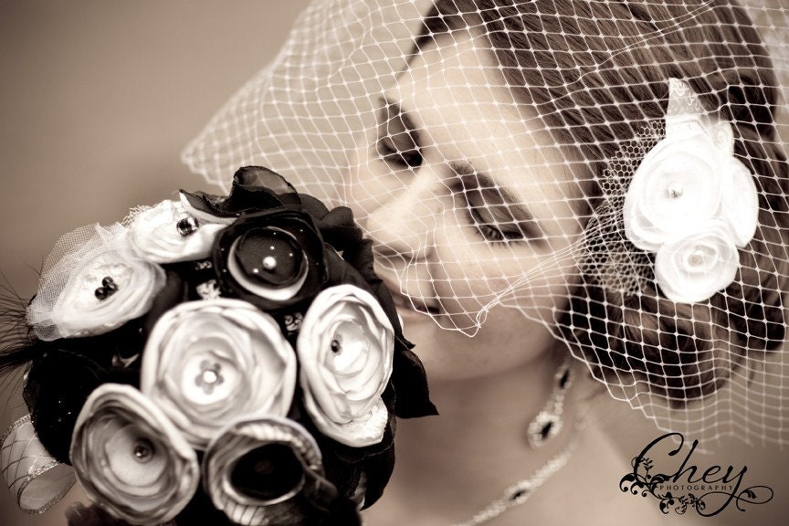 Wedding Flower Bouquet Satin Fabrics - Alternative New Years Eve Black White and Silver