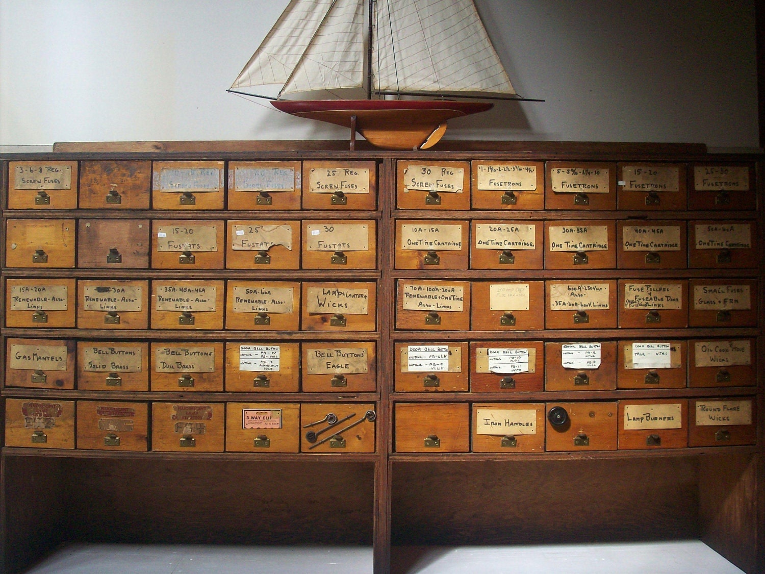 Vintage Hardware Store Bins and Plywood Shelving Cabinet / Pine