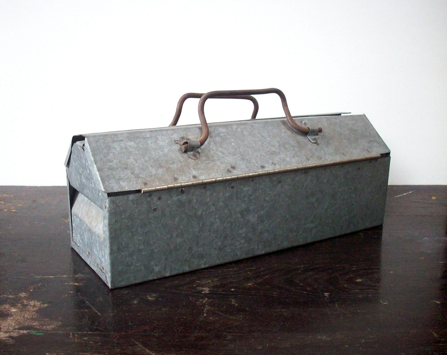 Vintage Galvanized Metal Handmade Tool Tote / Small / Primitive / Homemade