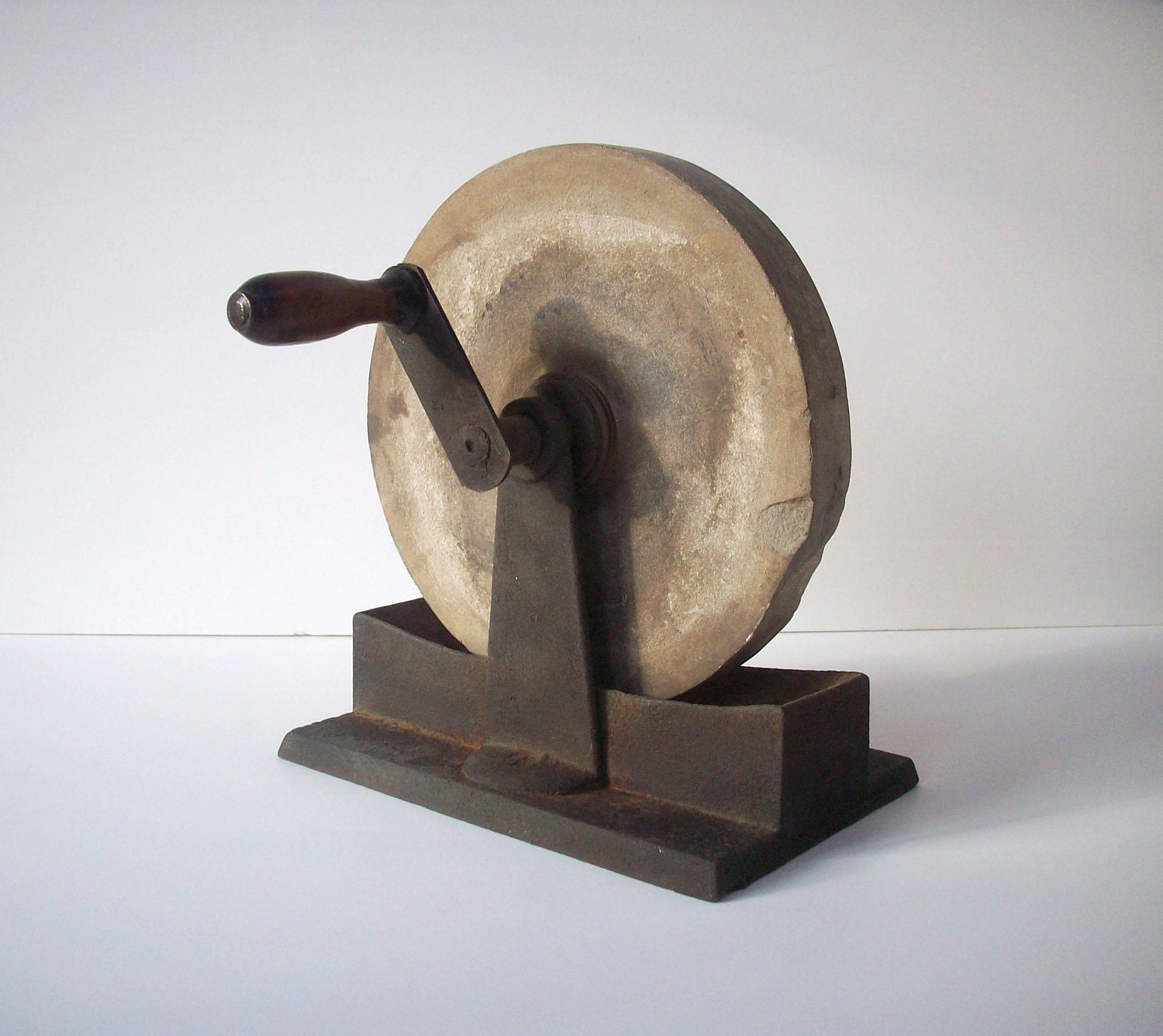 Vintage Grinding Wheel with handle / Steel and Stone / Tabletop / Tool