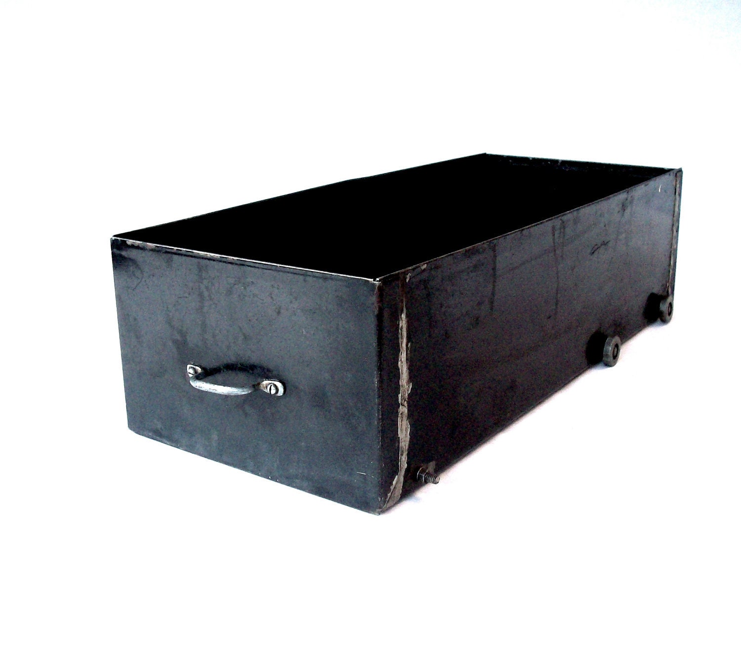 Vintage Industrial Metal Drawer with Handle and rollers / Black