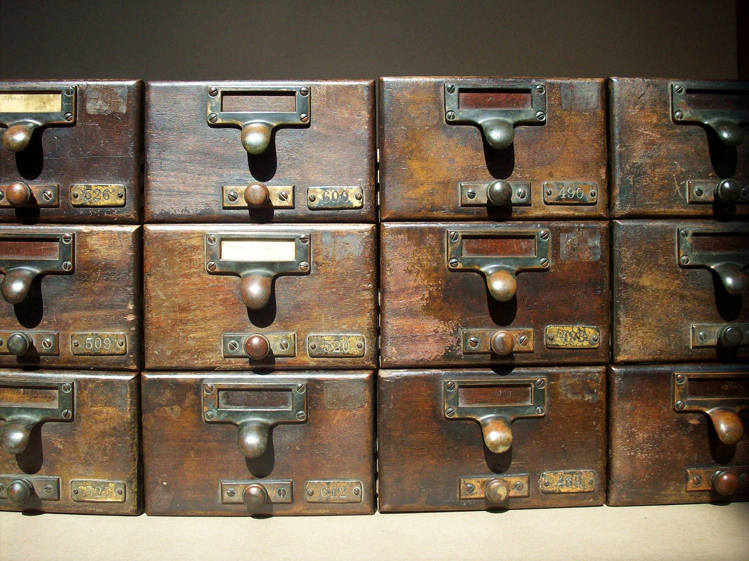Vintage Library Card Catalogue Drawers with Label Hardware / Wood / Distressed